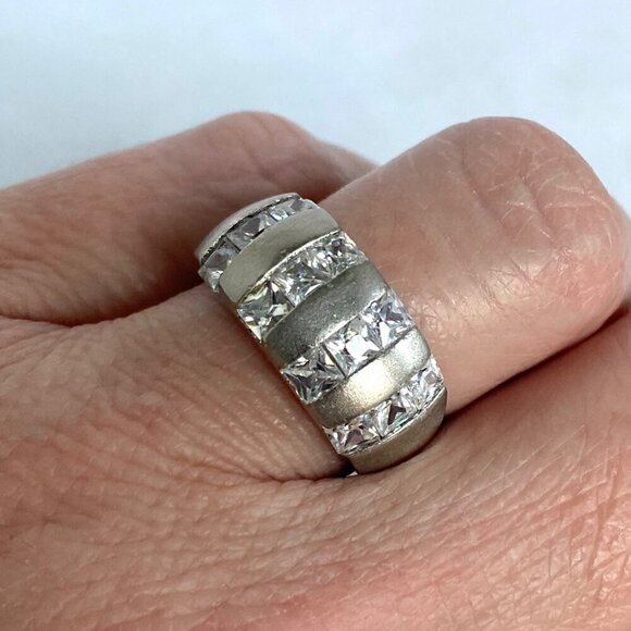 Brushed Sterling Silver 925 Channel Set Cubic Zirconia 4 Row Wide Band Ring Sz 7 - Picture 12 of 16